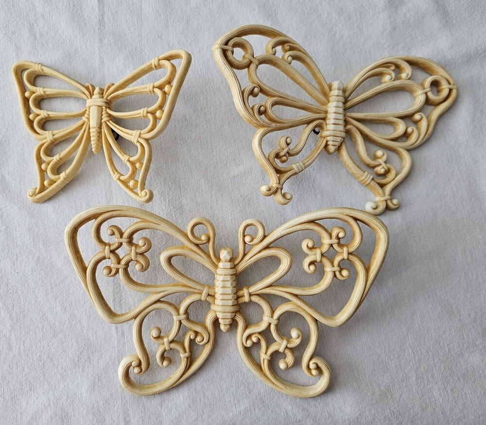 Vintage Homco Home Interiors Set of 3 Faux Wicker Butterflies Wall Hanging Decor